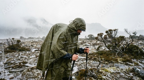 A hiker in a green rain poncho stands on a rocky mountain terrain with walking poles on a foggy and rainy day.