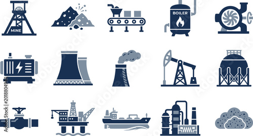 Foto A comprehensive set of industrial vector icons featuring mining equipment, energy production plants, oil extraction machinery, and various heavy manufacturing shipping logistics in flat design style