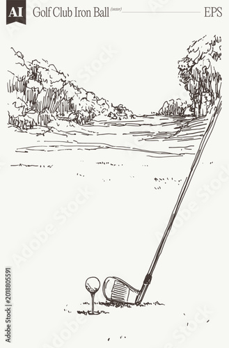 Golf Club Iron Ball on Tee Course Landscape Fine Line Art Serene