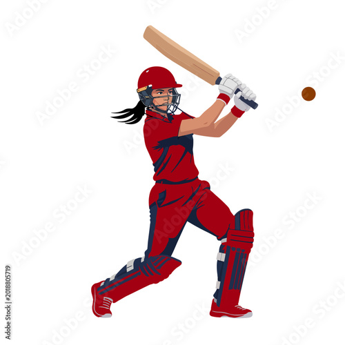 Foto Female cricketer batter hitting ball full kit action sport power, Vector and PNG