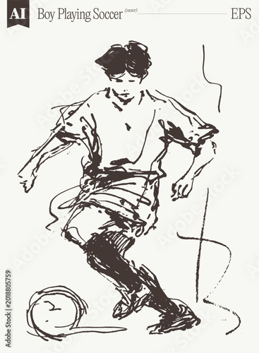 Soccer Player Dribbling Goal Background Gestural Pencil Sketch
