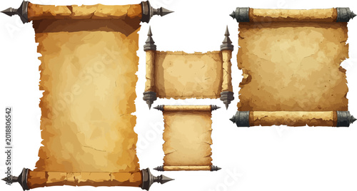 Vintage parchment paper scrolls with metal handles, set of 4 ancient papyrus banners, medieval fantasy map background for game UI