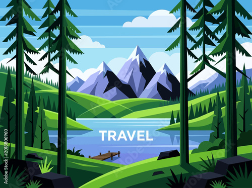 Flat Vector Illustration of Mountain Landscape with Lake and Pine Trees Featuring Travel Text for Poster Design