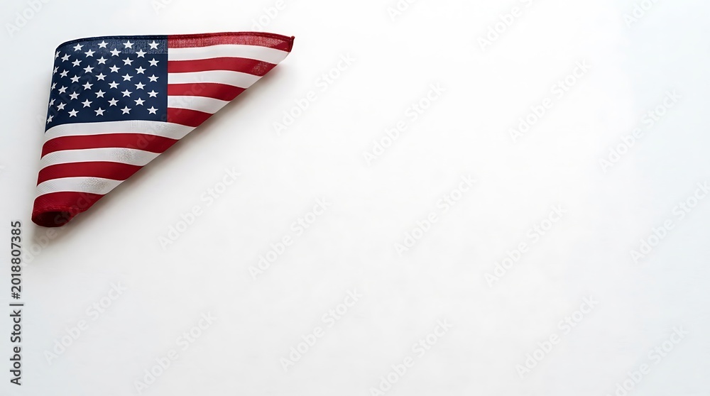 Obraz premium Folded american flag positioned in the upper left corner against a clean white background with ample negative space for text or