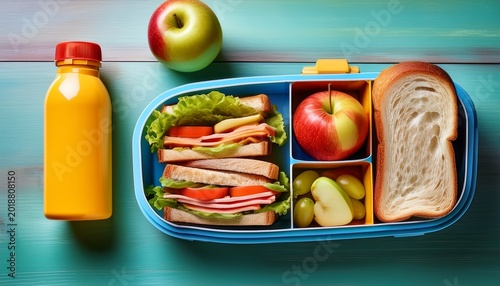 colorful packed lunch box with sandwich apple and bottle
