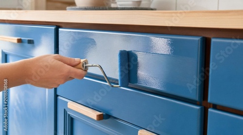 Hand Painting Kitchen Cabinet Doors With Blue Glossy Paint Using Roller For Home Renovation Concepts
