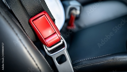 a close up of a car seatbelt mechanism highlights the bright red release button clearly with the metal tongue blurred representing road safety