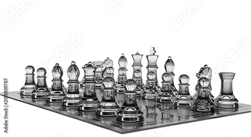 Billede på lærred Glass chess pieces on a chessboard isolated on transparent background