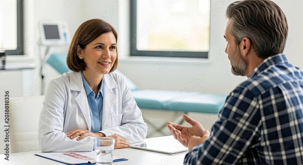 Fototapeta premium A female doctor and a male patient in a medical office setting.