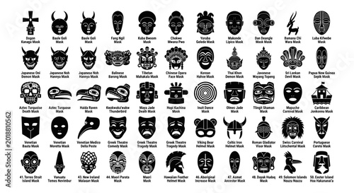 Global Identities: 50 Traditional World Culture and Tribal Mask Icons
