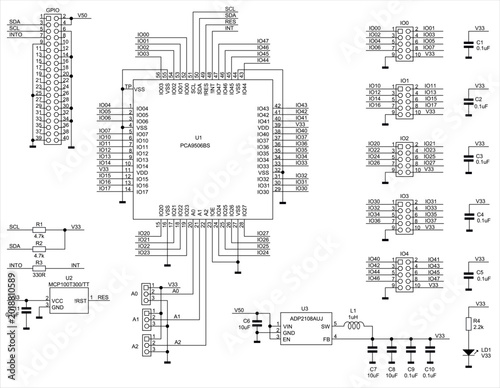 Schematic diagram of electronic device on sheet of paper. Vector drawing electrical circuit with microchip, integrated circuit, resistor, capacitor, led indicator, connector, inductor, other component