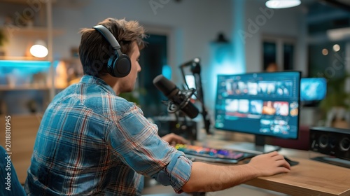 Young male gamer wearing headphones streams gameplay from a modern desk setup, featuring a microphone and dual monitors with RGB lighting in a stylish room