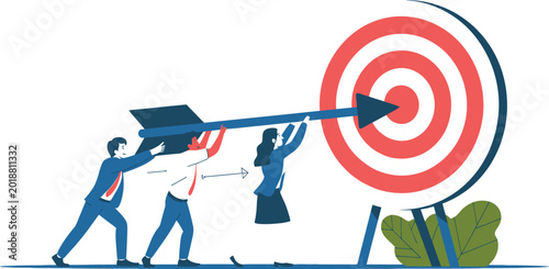 Business team working together to push a large arrow into the center of a target for success and goal achievement.