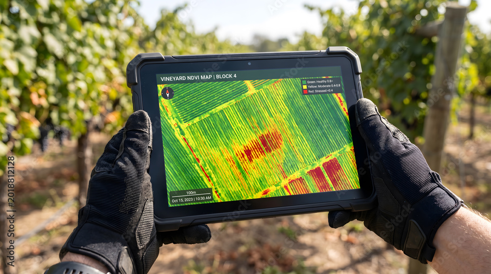 Fototapeta premium Optimizing vineyard health and crop yields through precision multispectral mapping on a rugged tablet, driving market scalability and global food security.