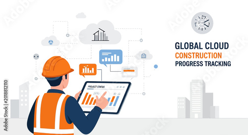 Construction worker using tablet for cloud progress tracking with city skyline background