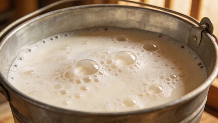 A metal bucket filled with fresh cow milk, placed on a wooden surface, with visible bubbles and foam on top, evoking a sense of rural simplicity and natural freshness.