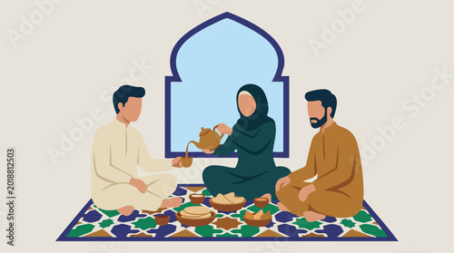 Muslim family gathering for a traditional meal and tea illustration