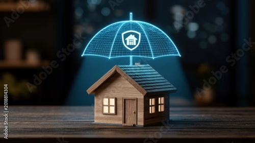 3D digital protection shield umbrella over miniature wooden house symbolizing home security safety and insurance concept on dark background with glowing effect