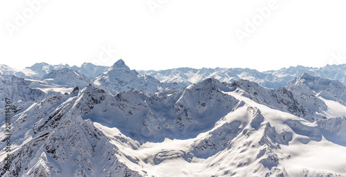 Quadro su tela Panorama of winter mountains covered in snow isolated on white background