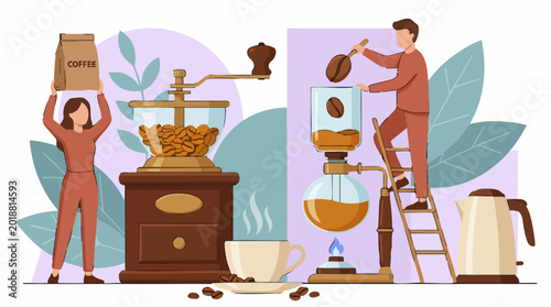 Bild auf Leinwand People preparing coffee using a manual grinder and a siphon brewing method