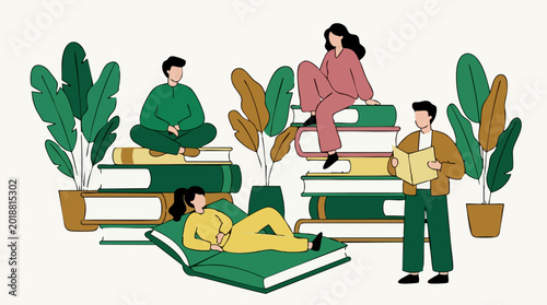 Картината върху платно Illustration of people reading and relaxing among books and plants
