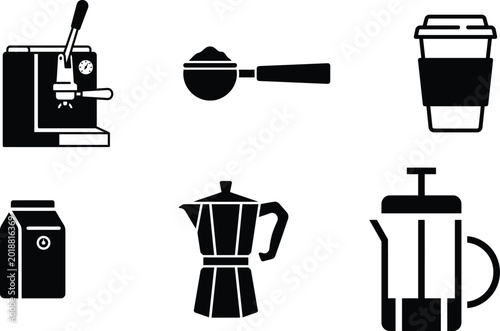coffee maker machine and cups icons