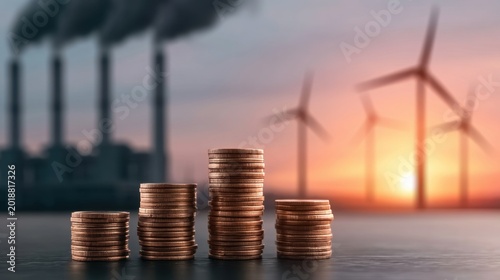 Stacked coin columns representing financial growth and investment with industrial smoke and wind turbine energy sources in the background at sunset