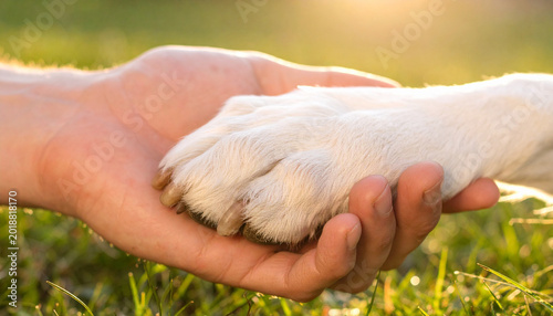 Mano humana sosteniendo la pata de un perro sobre fondo natural, gesto de contacto entre persona y mascota concepto de confianza y cuidado para marcas de veterinaria, seguros, bienestar animal