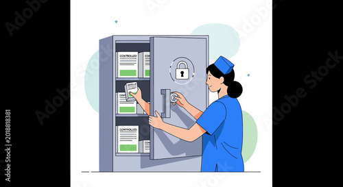 Nurse Securing Medicine in Secure Storage Cabinet with Lock Symbol