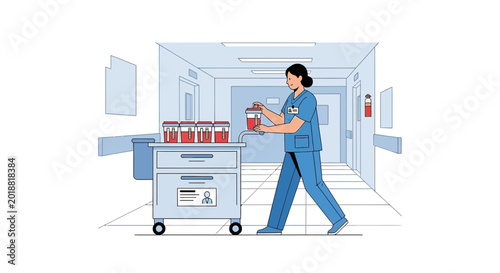 Nurse with blood samples on a cart in a hospital corridor