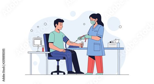 Nurse takes blood sample from patient for medical examination in clinic, healthcare concept