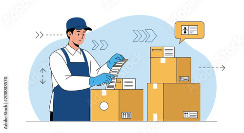 Logistics worker checks package inventory for delivery, warehouse operations, shipping and receiving