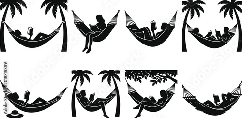 Foto Relaxing in tropical hammocks under palm trees isolated on white background, Vec