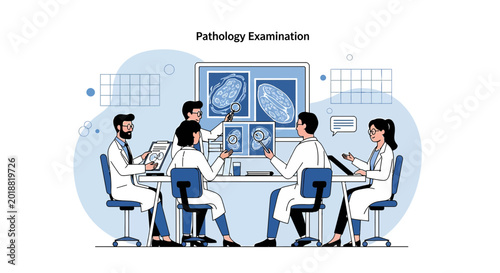 Medical Team Discussing Pathology Results on Screen in Modern Lab