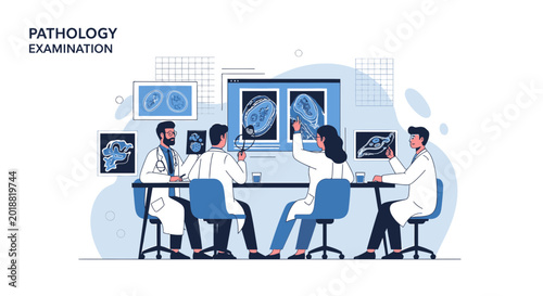 Medical Team Discussing Pathology Results in Meeting Room with Brain Scans