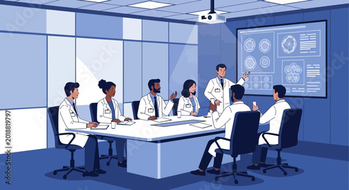 Medical Team Discussing Research Data on Large Screen in Modern Conference Room