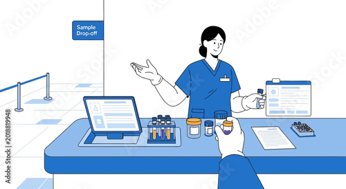 Medical professional at sample drop-off desk, receiving patient's test tubes for analysis