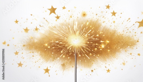 watercolor sparkler with golden glitter and sparks white background