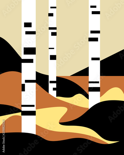 Stylized Autumn Landscape With Birch Trees in Minimal Flat Design — Warm Scenic Illustration