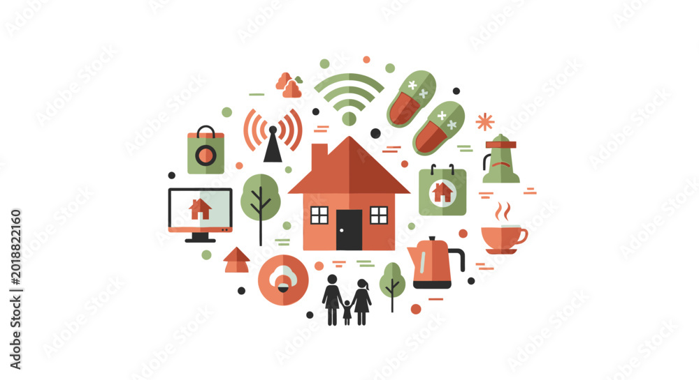 Fototapeta premium Smart Home Technology and Connected Living Flat Vector Illustration with IoT Icons, Family Silhouette, and Home Automation Concept