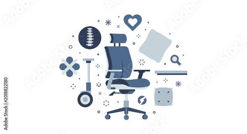 Ergonomic Office Chair with Health and Spine Care Icons Vector Illustration for Workplace Wellness and Orthopedic Comfort