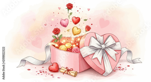 A heart-shaped gift box opens with hearts and roses rising out on a pink background