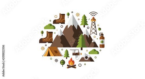 Mountain Camping and Hiking Flat Vector Illustration Circle Composition with Outdoor Gear Icons including Tent, Campfire, and Boots
