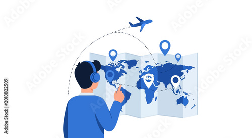 Traveler Planning Global Trip on World Map with Pins and Airplane. Concept for International Business, Logistics, and Tourism. Flat Vector Illustration.