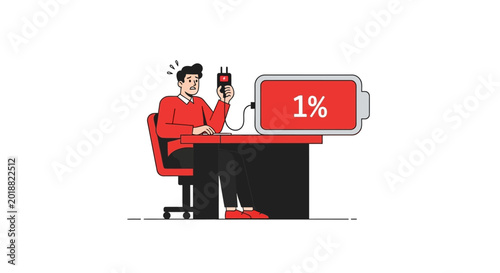 Stressed Man with 1 Percent Low Battery Icon Vector Illustration, Concept of Work Burnout, Exhaustion, and Urgent Energy Recharging at Desk