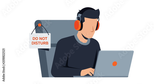 Focused Man Working on Laptop with Headphones and Do Not Disturb Sign Vector Illustration. Concept of Deep Work, Concentration, and Productive Remote Freelancer or Gamer.