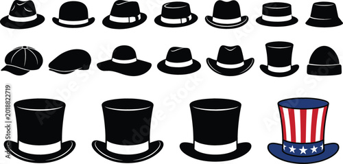 Obraz na płótnie Variety of Hat Icons Including Top Hats, Caps, and Uncle Sam Hat