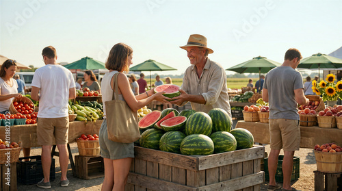 Farmer selling fresh watermelon to customer at sunny outdoor farmers market