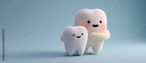 Two adorable cartoon tooth characters with happy faces on a light blue background, perfect for dental or children's themes.