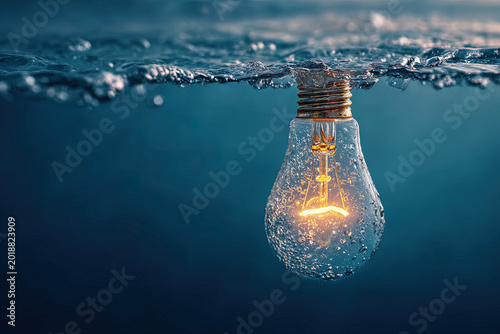 A lit incandescent light bulb submerged in water, creating a striking concept of innovation, energy, and inspiration with clear blue tones.